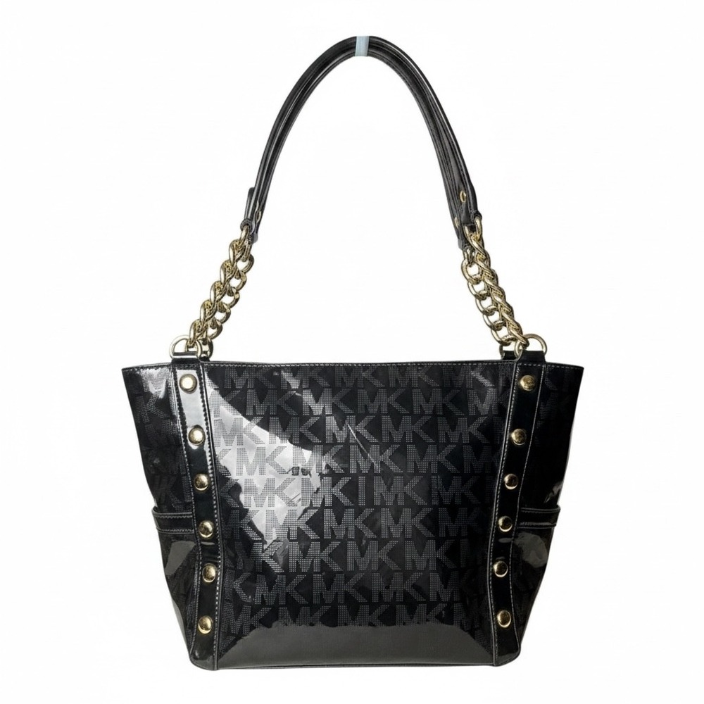 Michael Kors Black Patent Leather Monogram Tote Bag Gold Chain Studded Shoulder‎